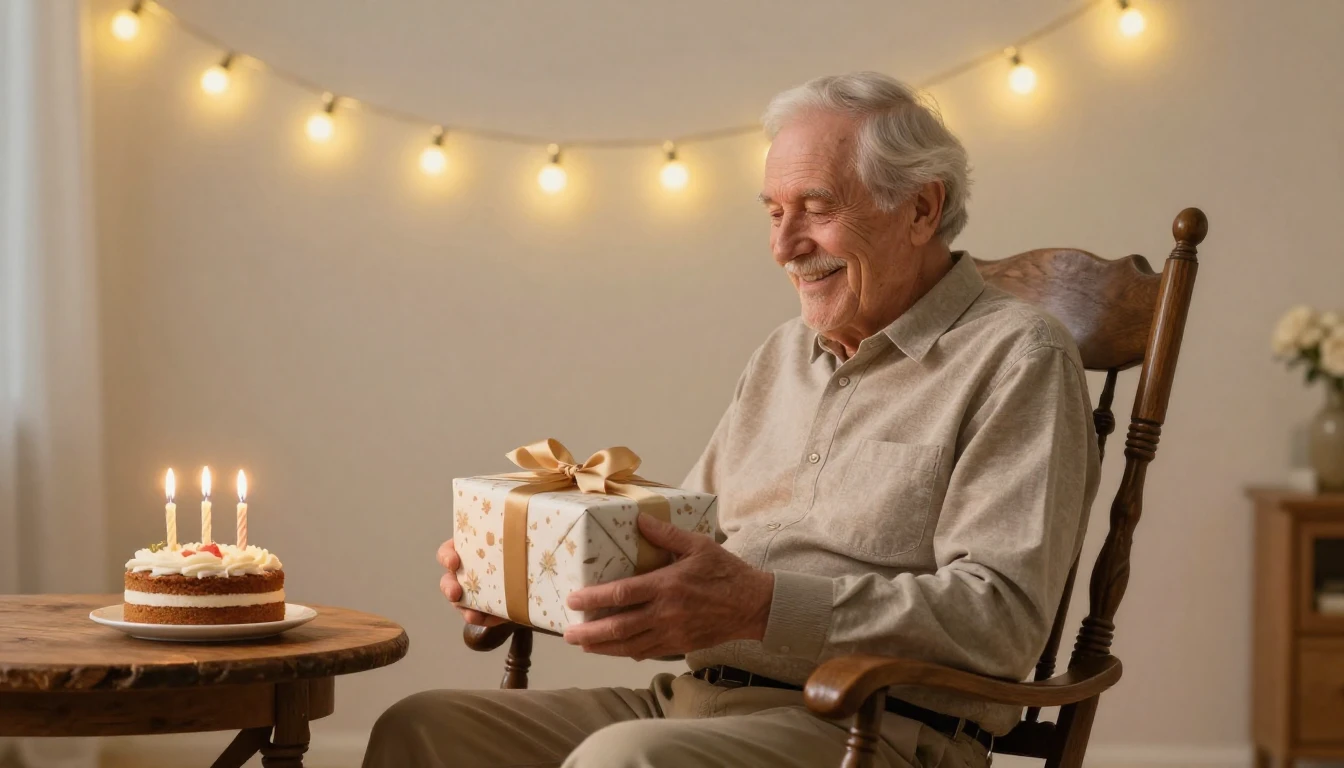 A heartwarming scene of a gentle 80-year-old grandfather smi...