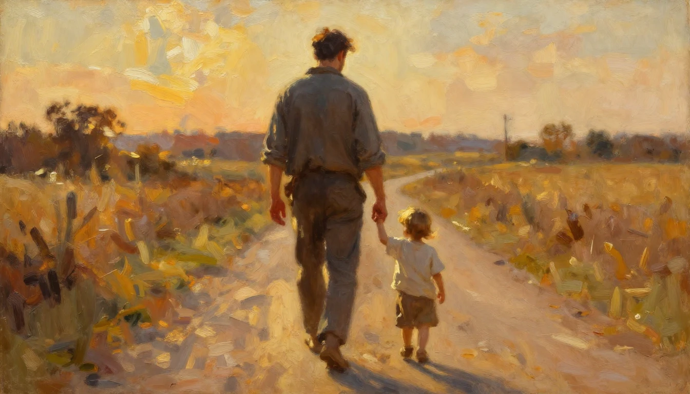 A heartwarming oil painting capturing a nostalgic scene of a...