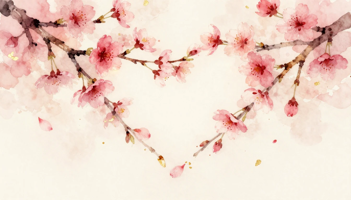 A delicate watercolor painting of two intertwined cherry blo...