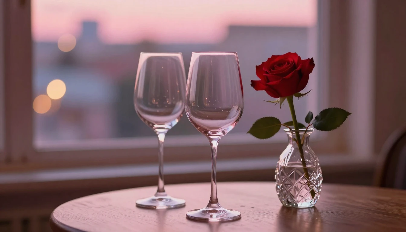 A delicate scene featuring two elegant wine glasses sitting ...