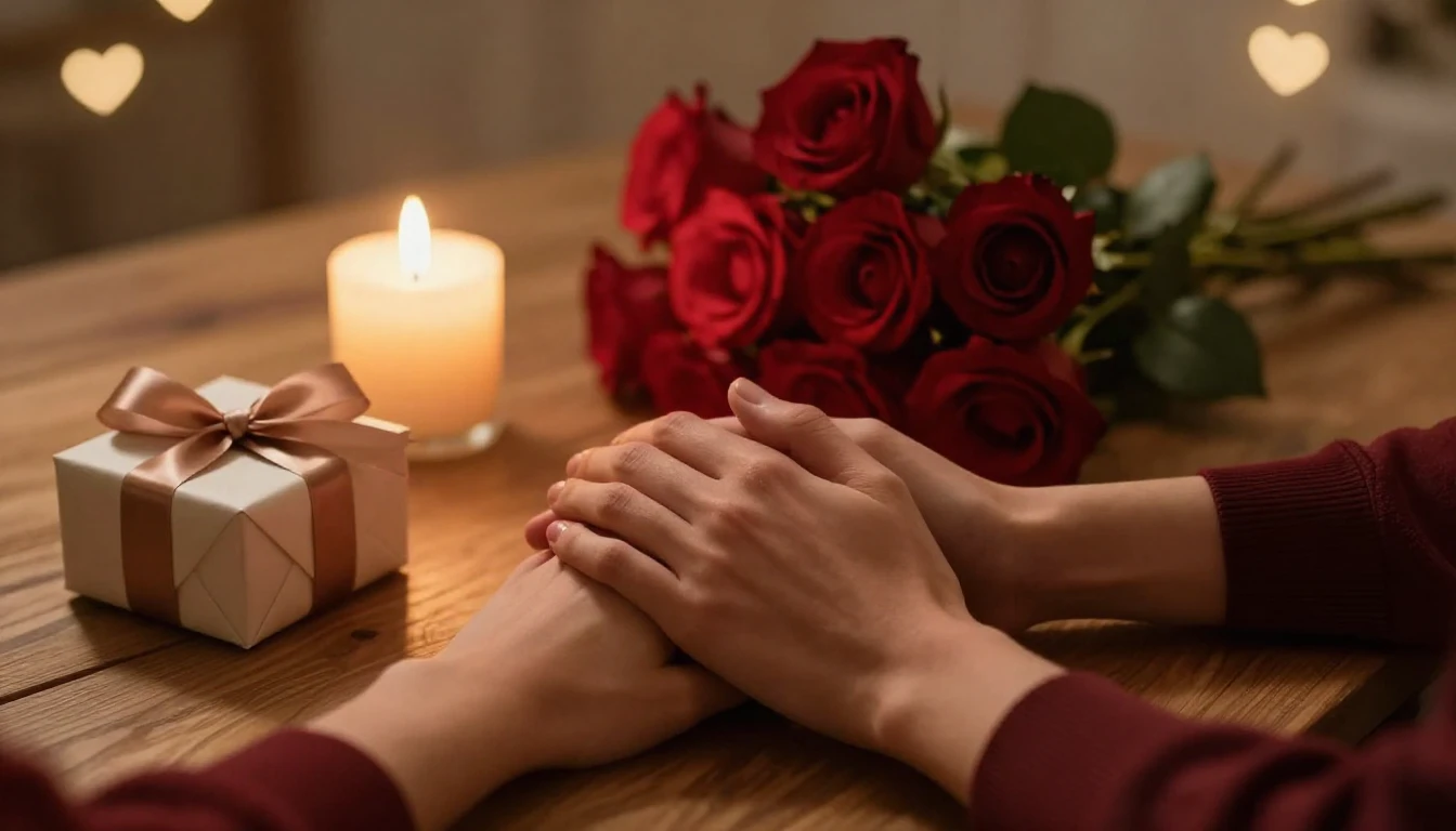 A romantic and intimate scene featuring a cozy wooden table ...