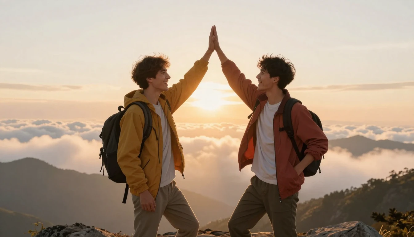 Two male friends standing on a mountain peak at sunrise, che...