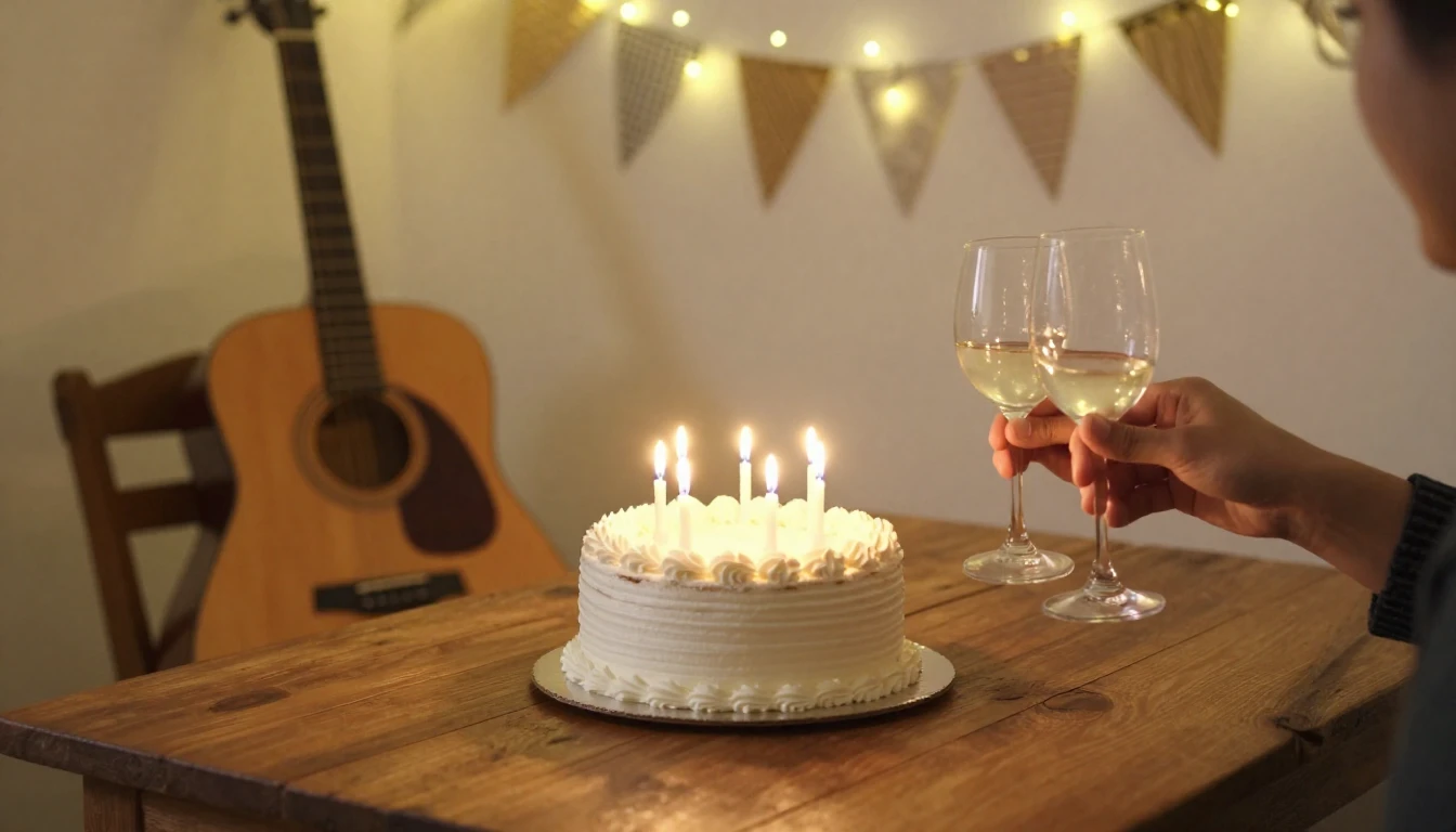 A warm and inviting birthday scene featuring a rustic wooden...