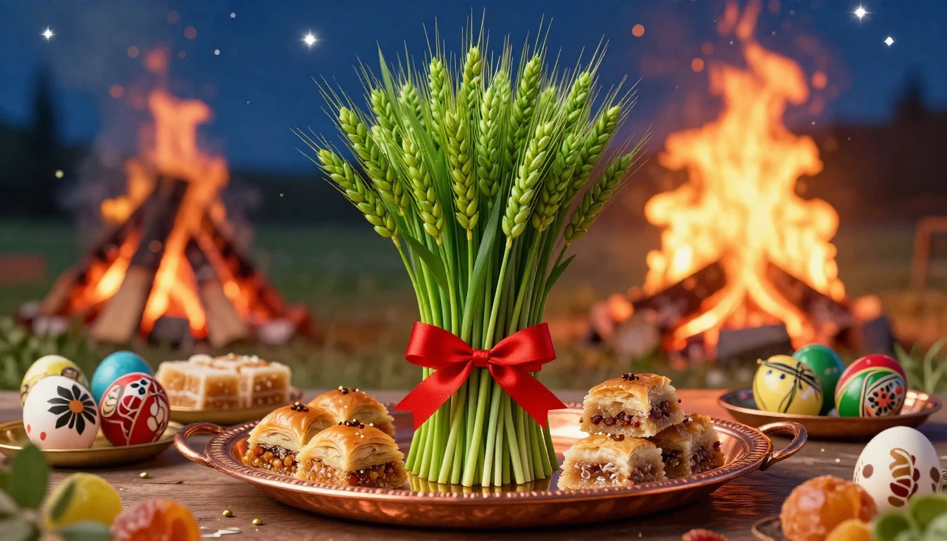 A vibrant and festive illustration representing the Novruz h...