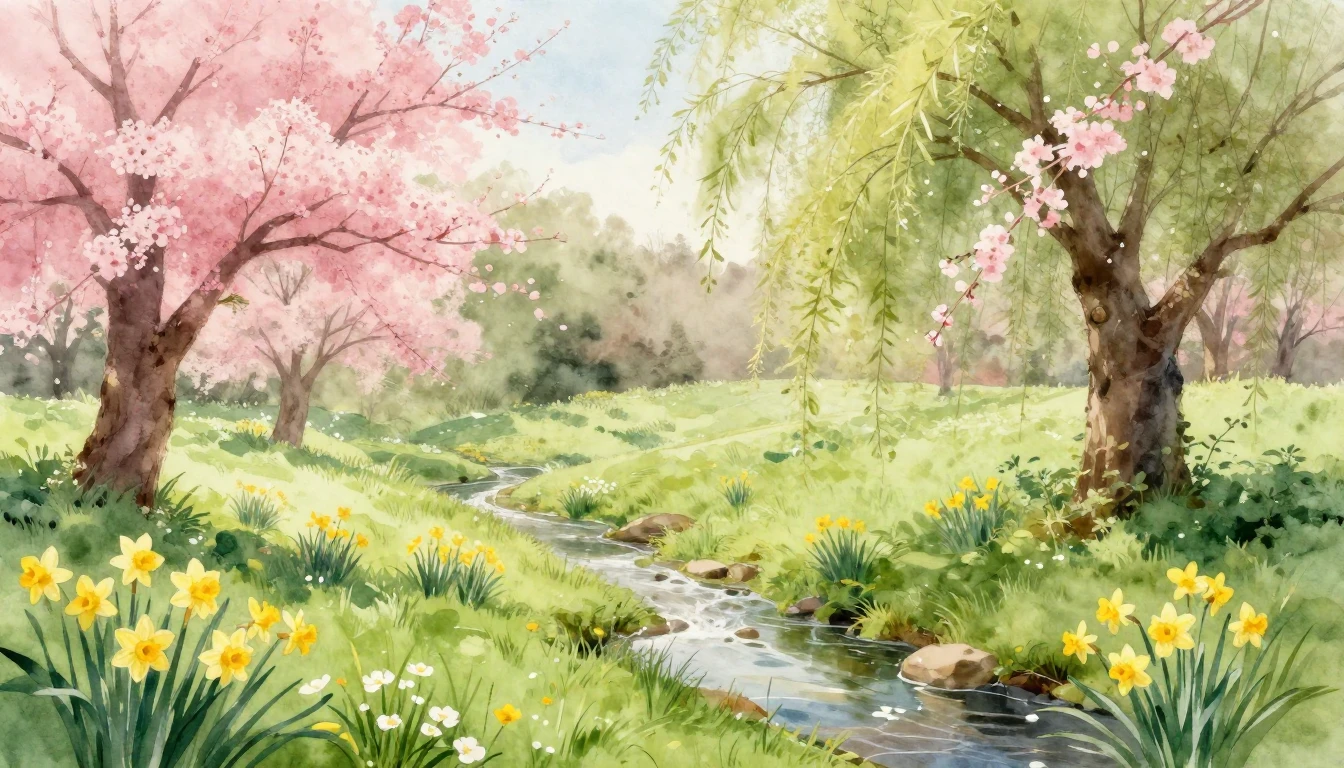 A breathtaking watercolor painting of a lush meadow in full ...