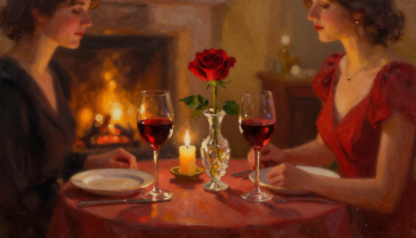 An impressionistic oil painting of a candlelit dinner table ...