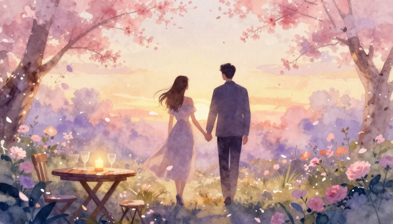 A dreamy watercolor painting of two silhouettes walking hand...