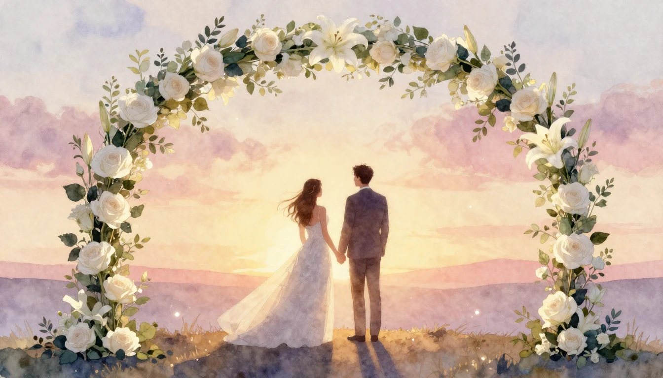A soft and dreamy watercolor painting of a wedding couple st...