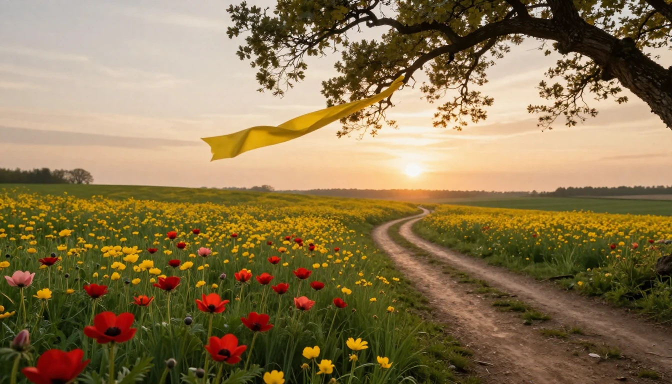 A vast green field filled with blooming red anemones and yel...