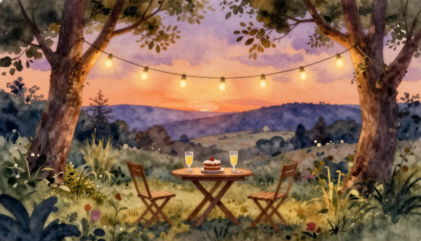 A soft watercolor painting of a cozy outdoor garden party at...