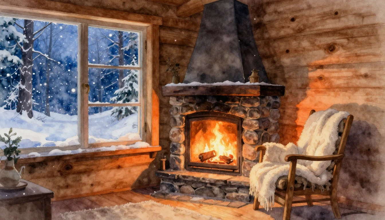 A cozy wooden cabin interior during a snowy winter evening. ...