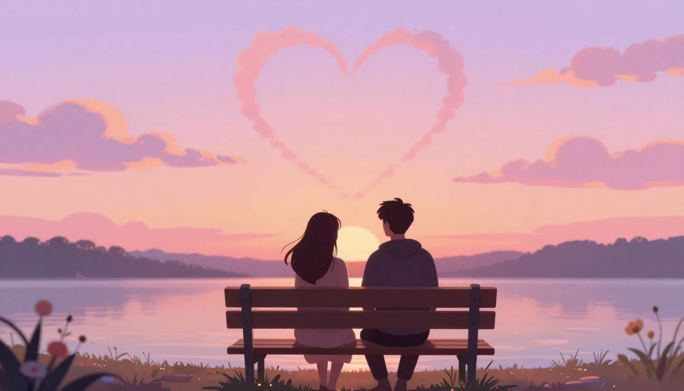 A romantic and dreamy illustration of two silhouettes sittin...