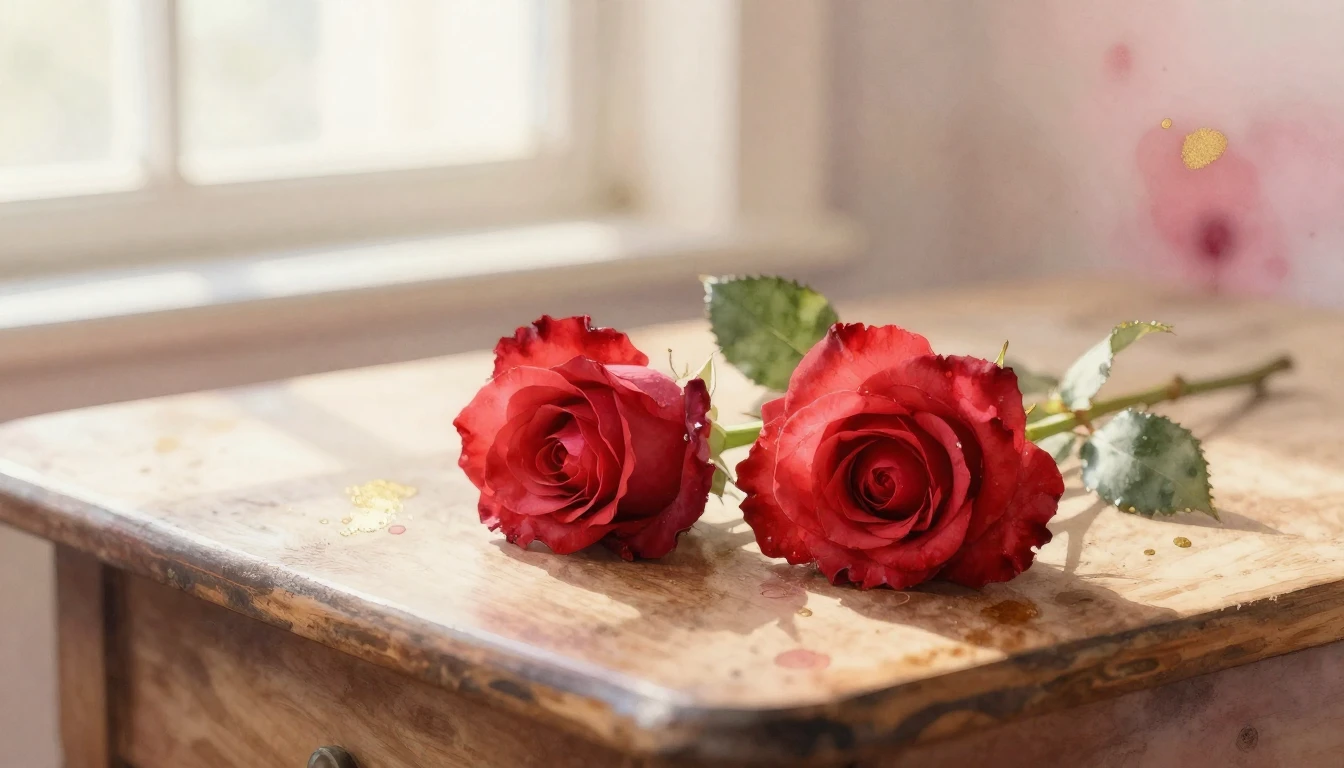 A beautiful watercolor painting of two delicate red roses re...