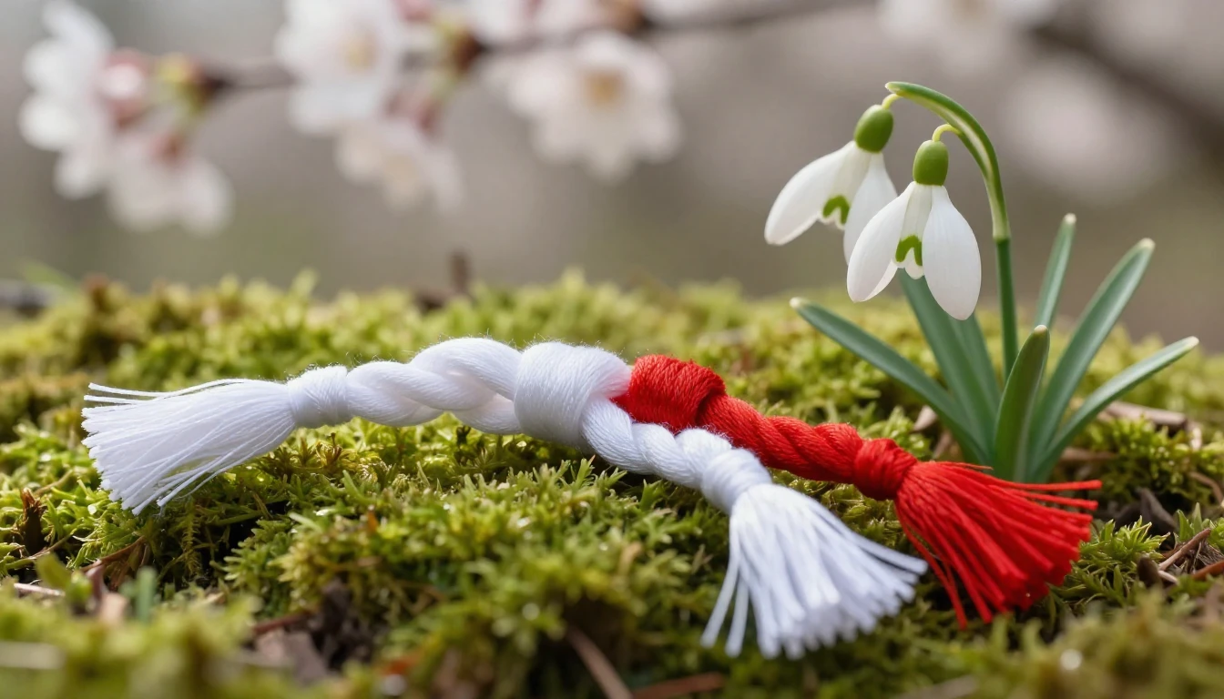 A close-up artistic composition of a traditional Mărțișor sy...