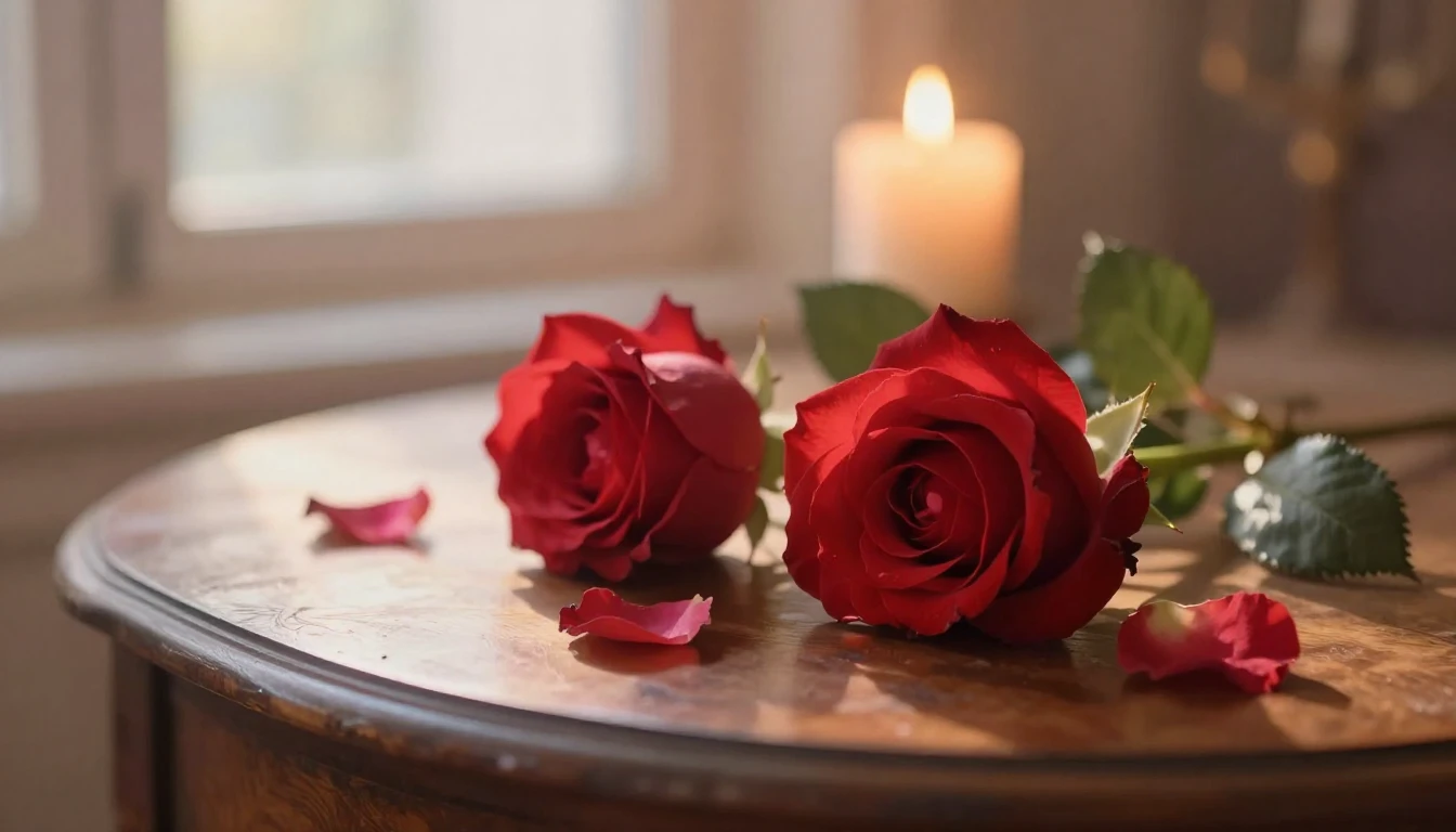 A soft and ethereal scene featuring two delicate red roses r...