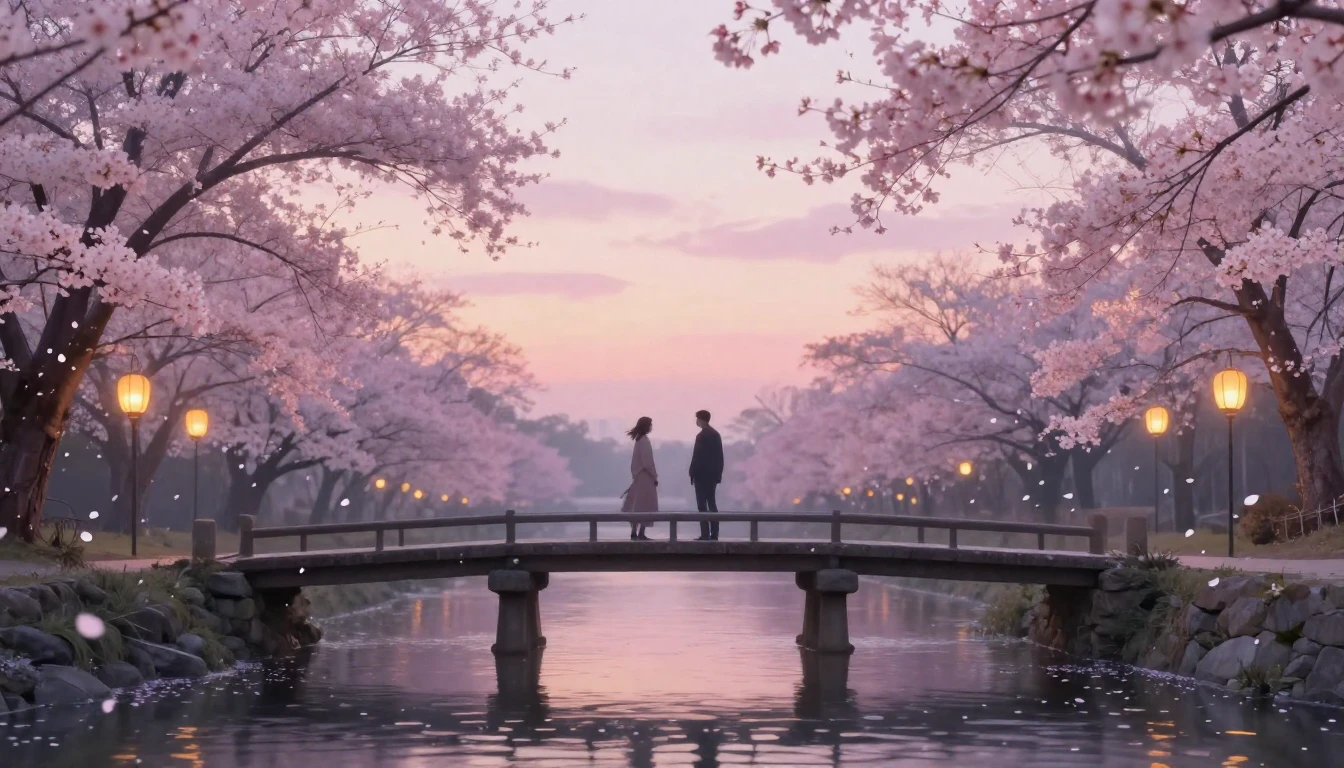 A dreamy and ethereal scene of two silhouettes standing on a...