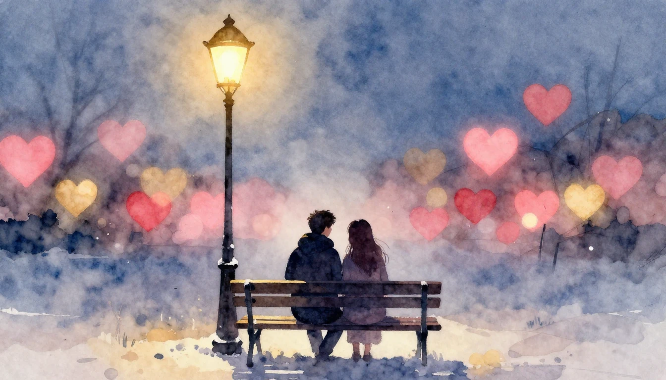 A soft and romantic watercolor painting depicting two silhou...