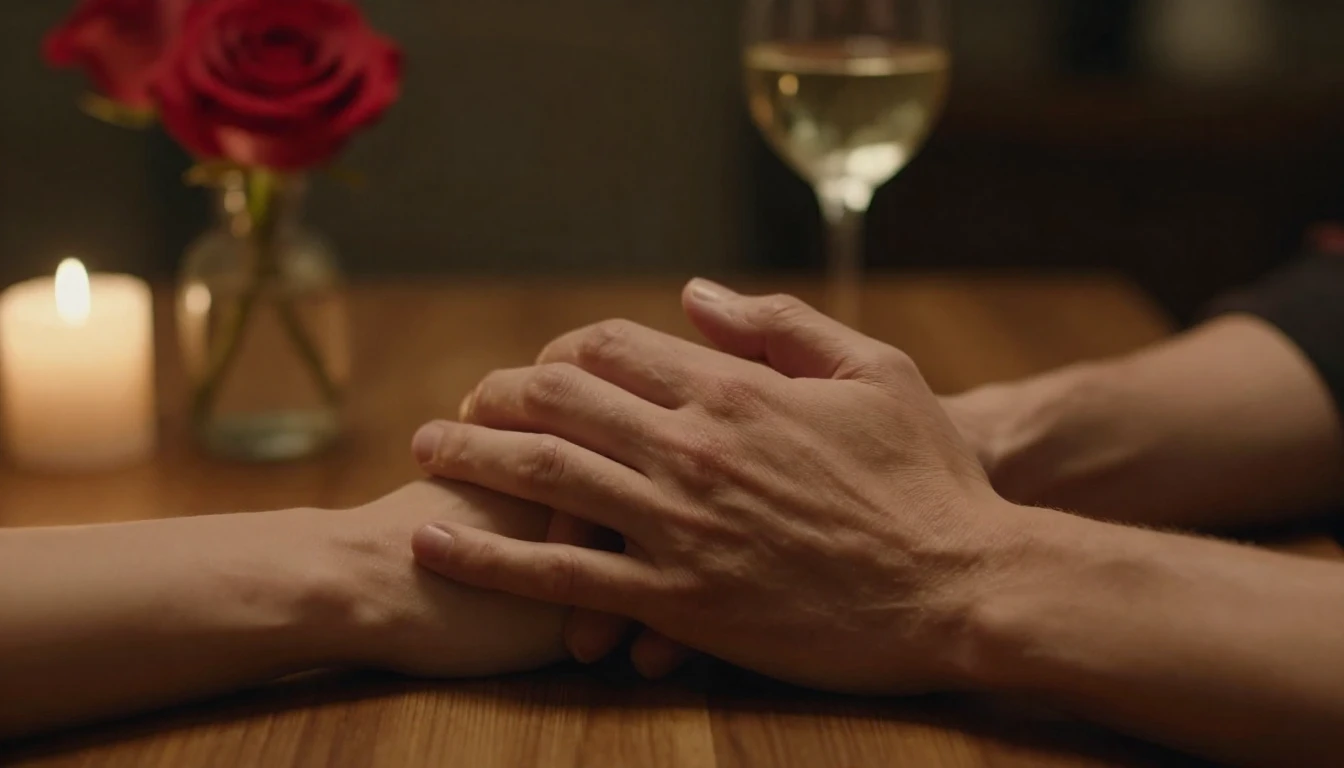 A highly detailed cinematic close-up of two hands gently hol...