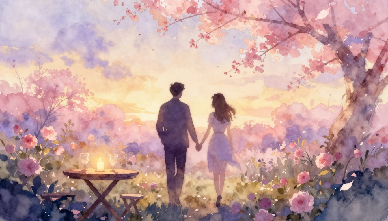 A dreamy watercolor painting of two silhouettes walking hand...