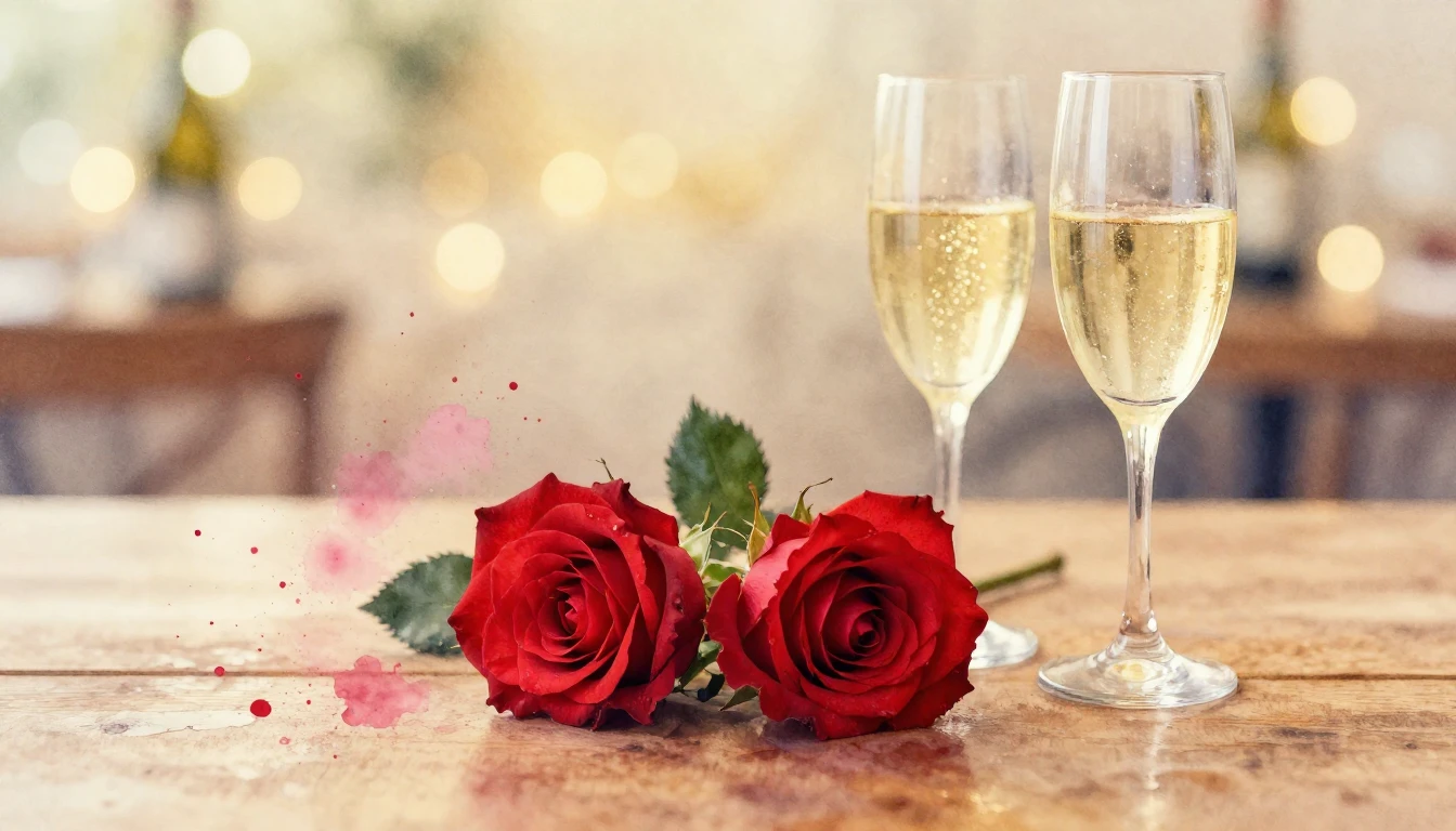 A soft watercolor painting depicting two intertwined red ros...