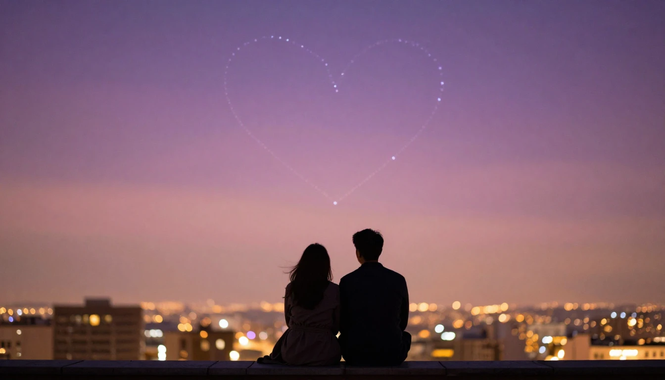 A romantic scene featuring a silhouette of a loving couple s...