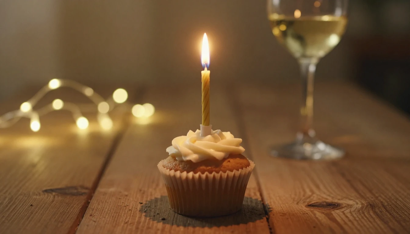 A close-up, cinematic shot of a small, elegant birthday cupc...