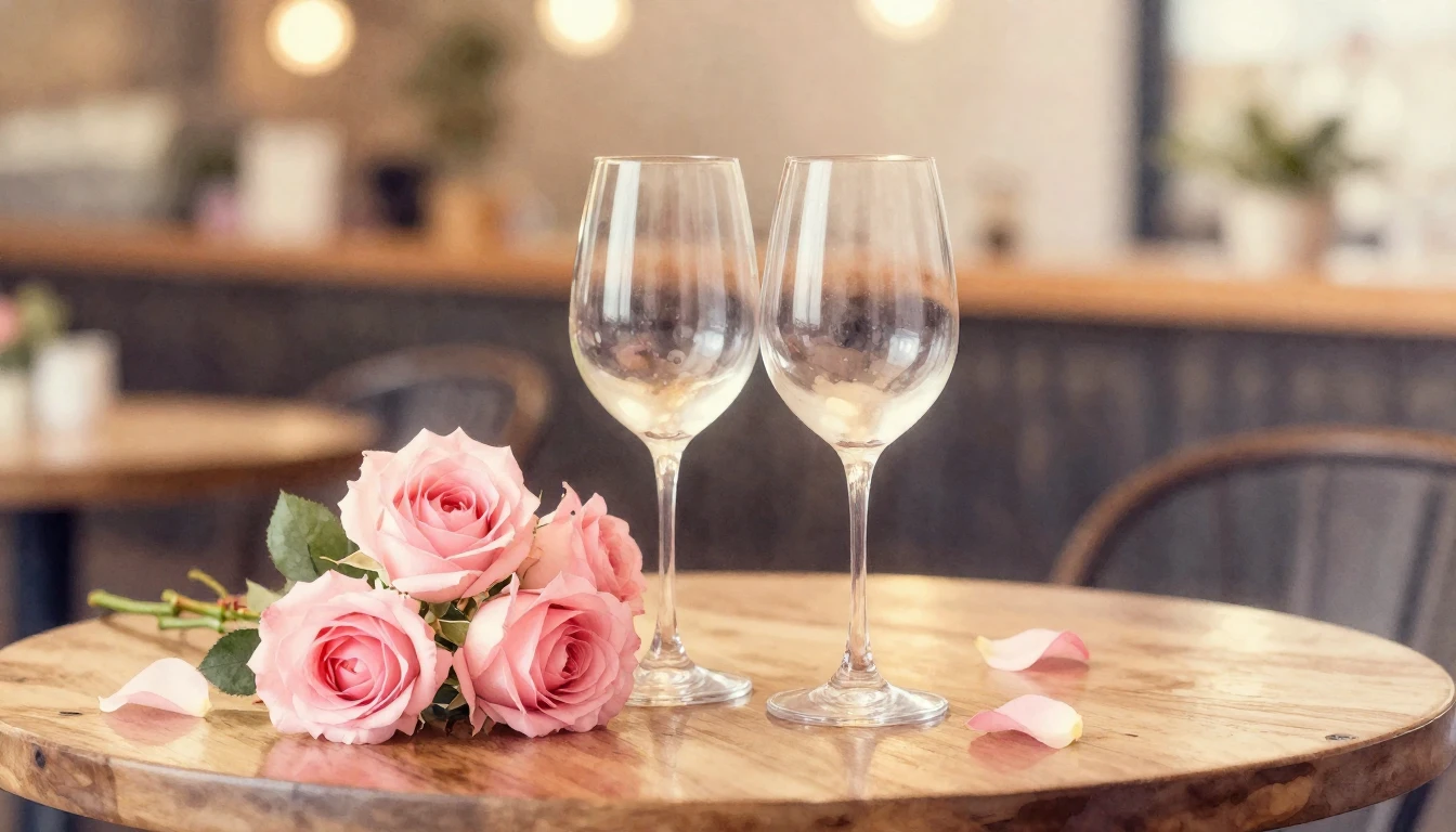 A dreamy watercolor painting of two elegant wine glasses sit...