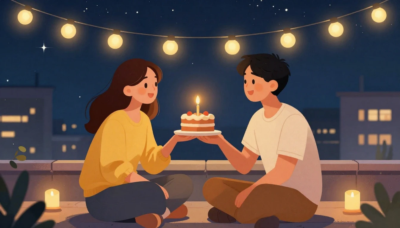 A warm and festive illustration of two friends celebrating a...