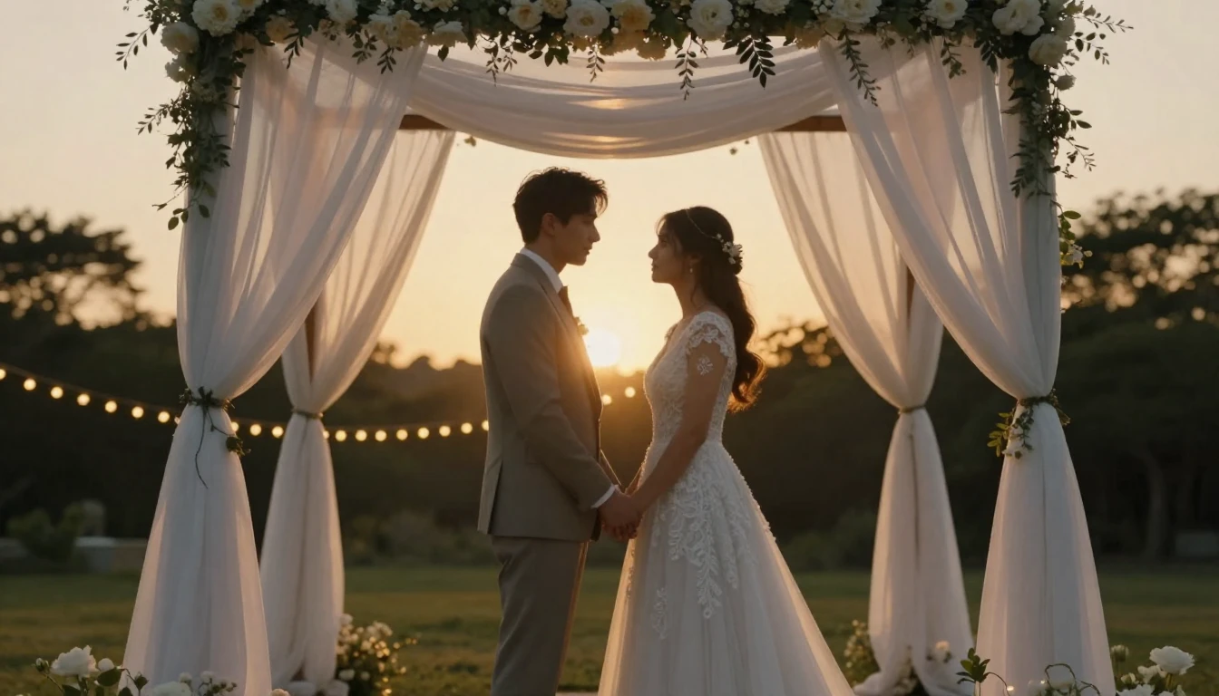 Cinematic wide shot of a bride and groom standing under a wh...