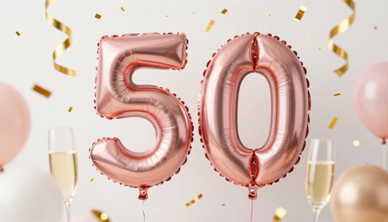 A vibrant and celebratory digital art composition for a 50th...