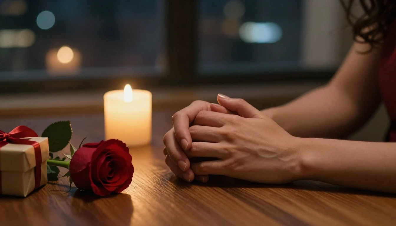 A cinematic close-up shot of an intertwined couple's hands r...