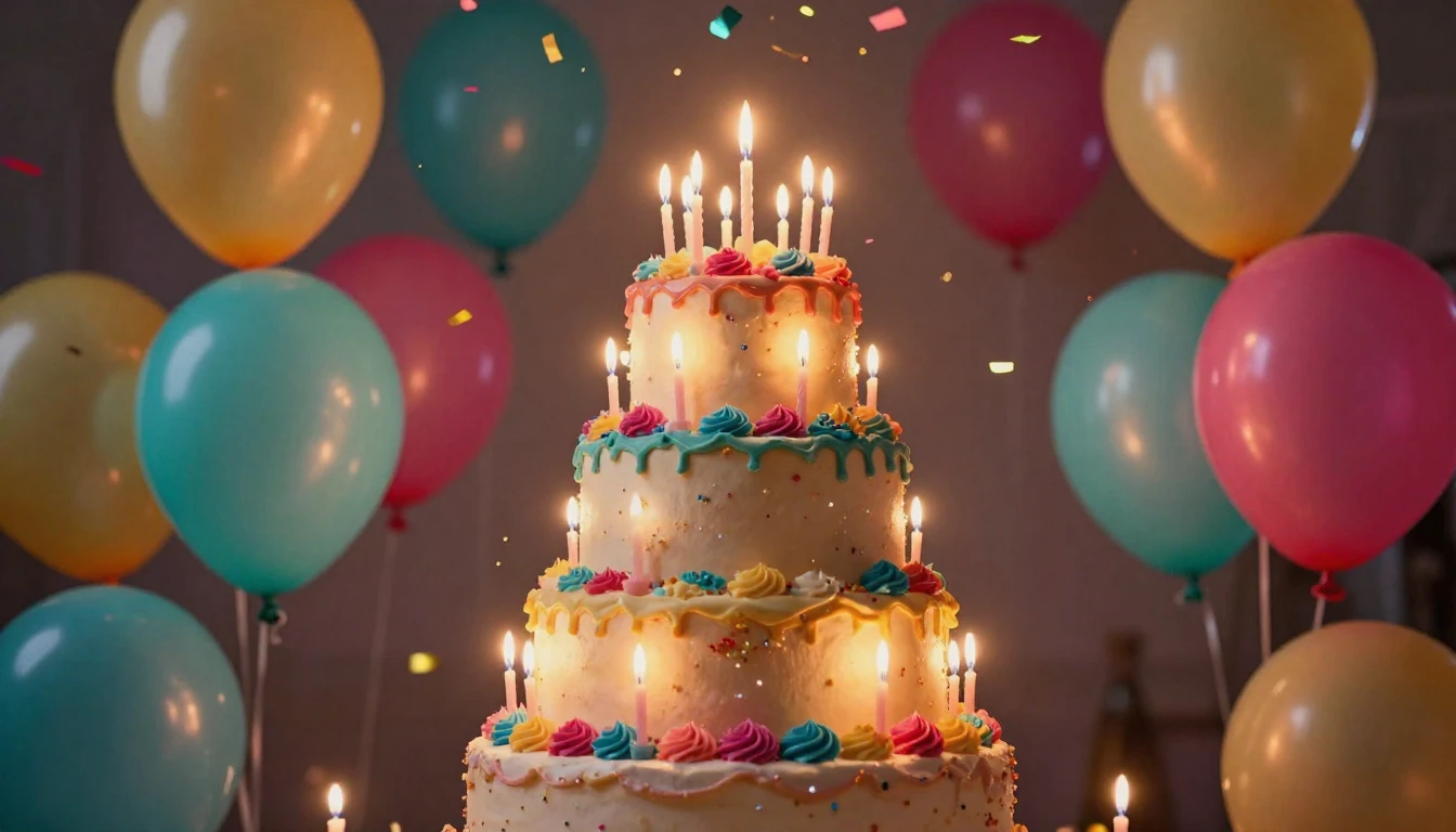 A vibrant and festive scene featuring a large, multi-tiered ...