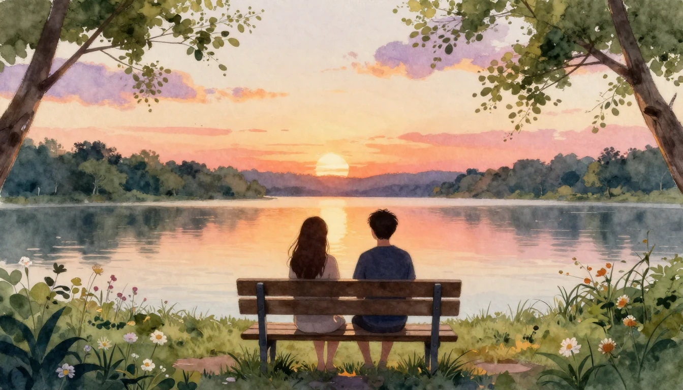 A beautiful watercolor painting depicting two silhouettes of...