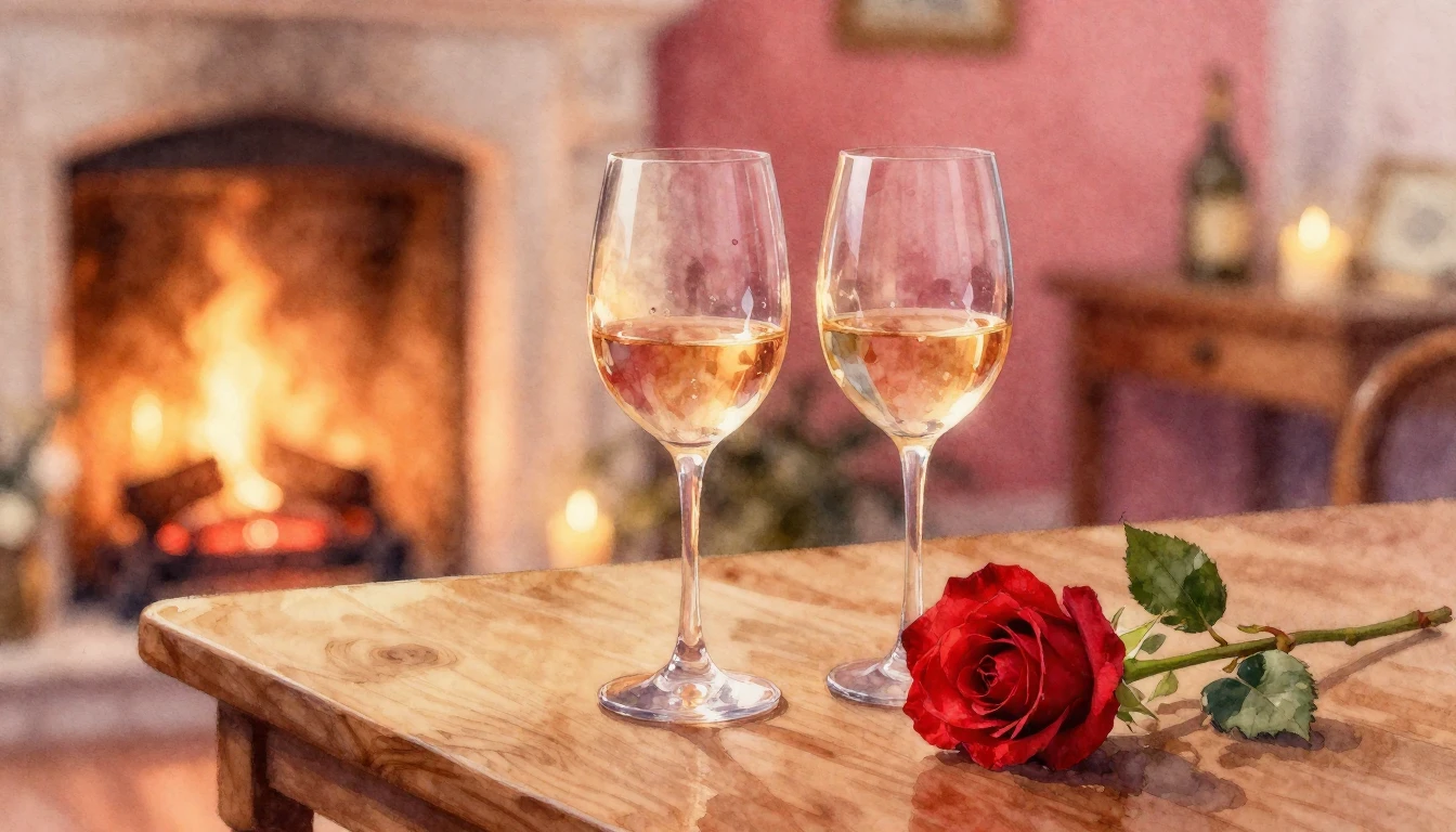 A soft watercolor painting of two delicate wine glasses sitt...