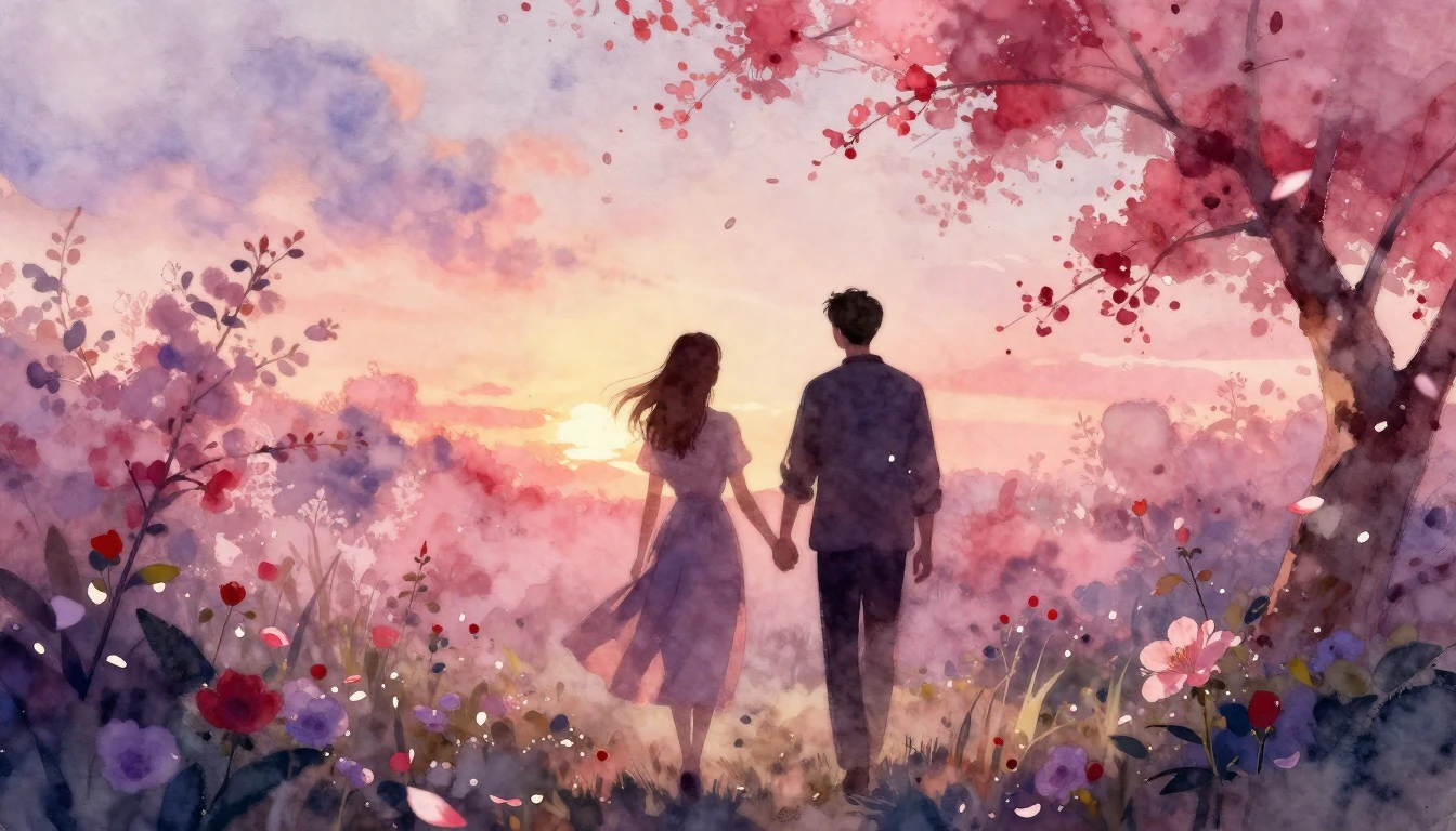 A beautiful watercolor painting of two silhouettes walking h...