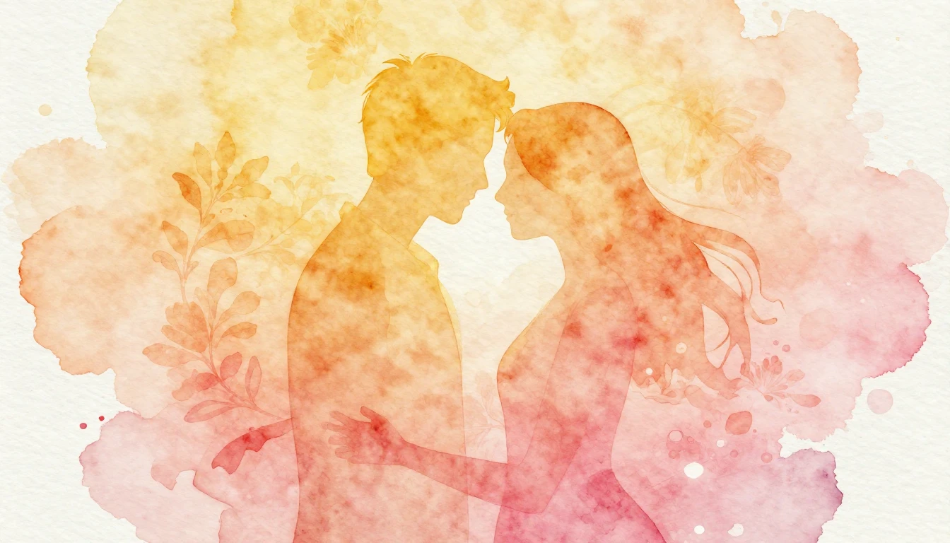 A beautiful watercolor painting depicting two stylized, abst...