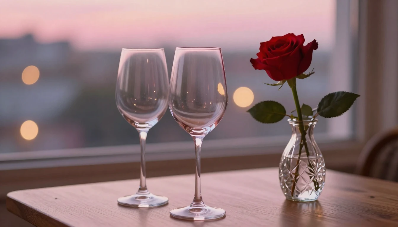 A delicate scene featuring two elegant wine glasses sitting ...