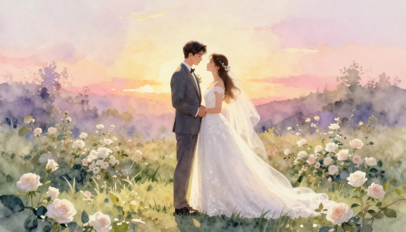 A soft and dreamy watercolor painting depicting a newlywed b...