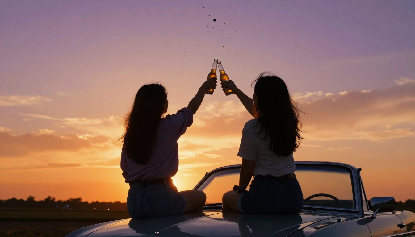 Two best friends sitting side by side on the hood of a vinta...