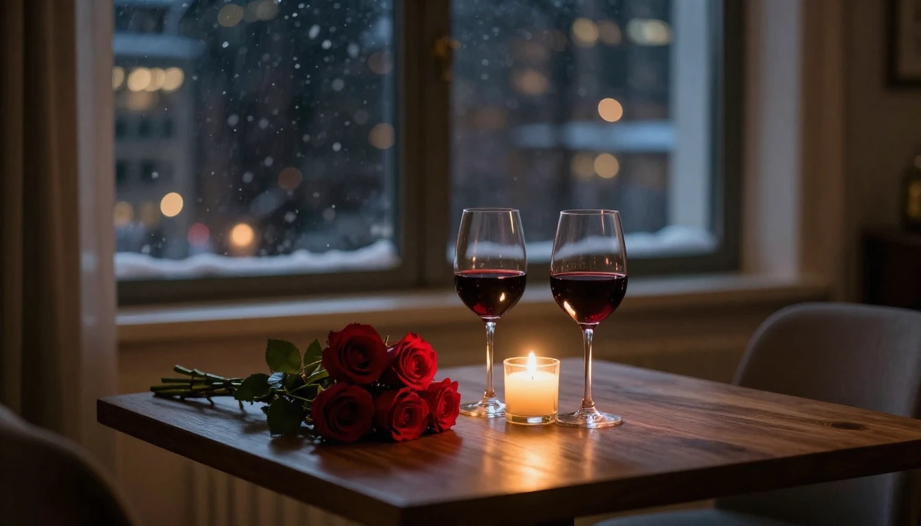 A romantic and intimate scene inside a cozy apartment at nig...