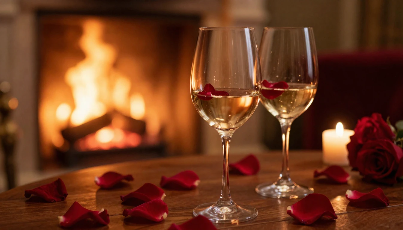 A lush and romantic scene featuring two elegant wine glasses...