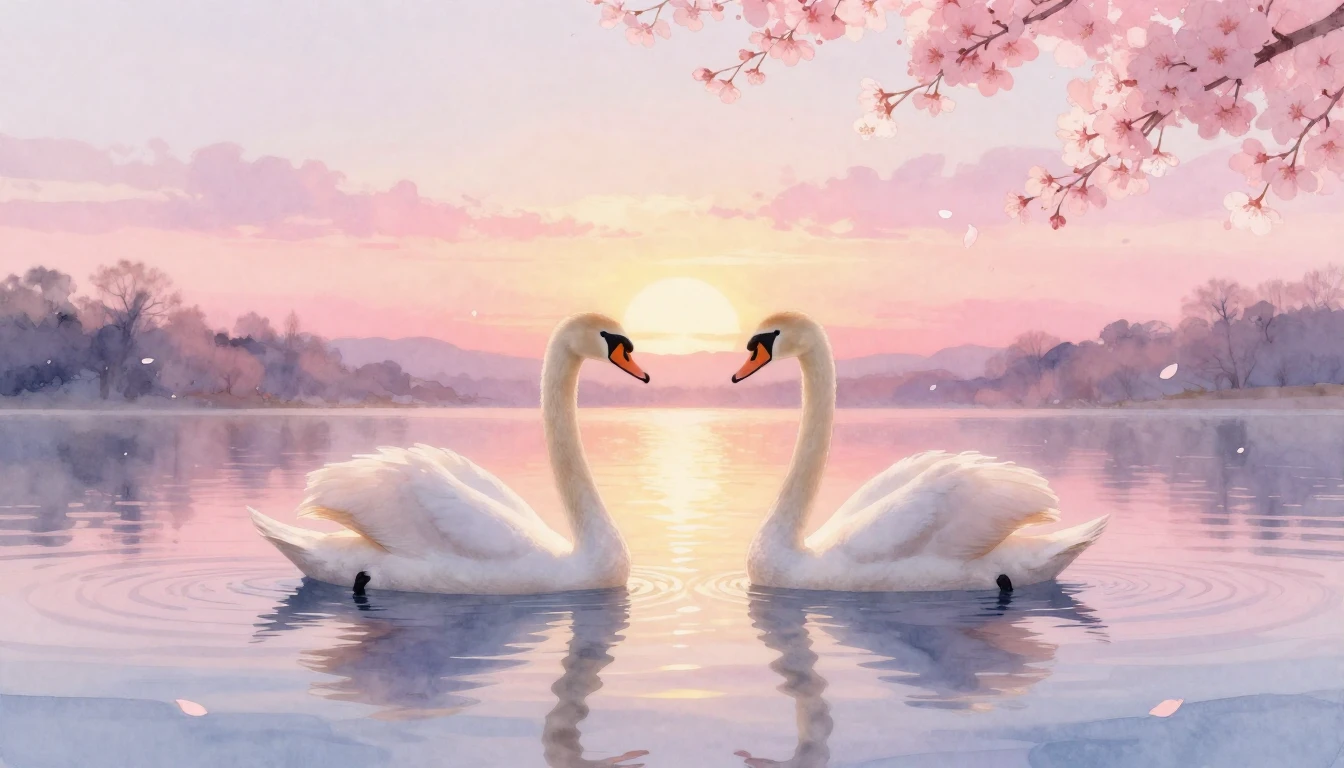 A dreamlike watercolor painting of two elegant swans gliding...