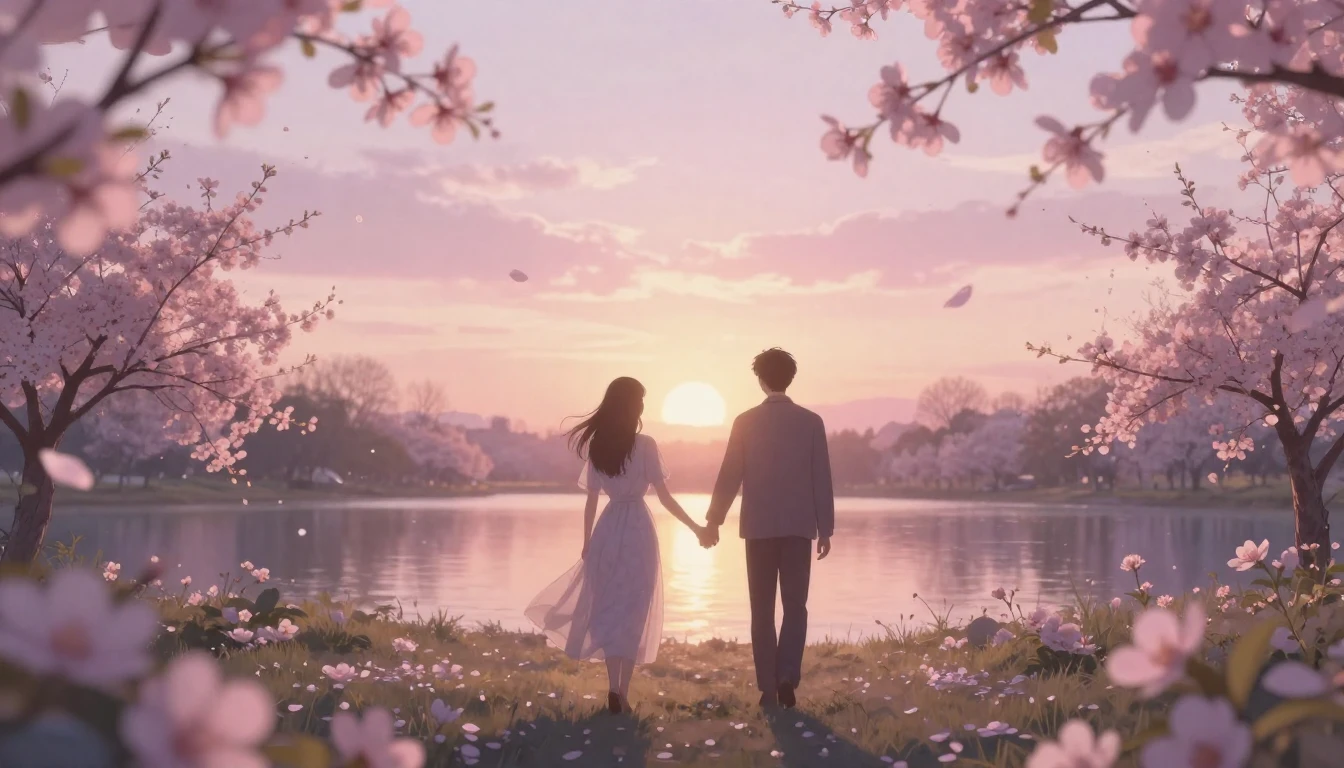 A beautiful, ethereal scene of two silhouettes walking hand-...