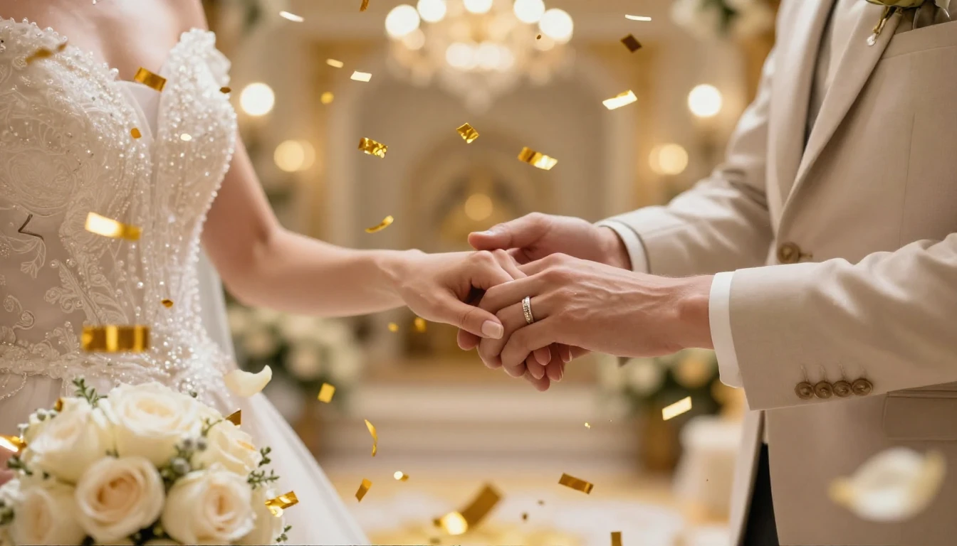 A vibrant and romantic wedding music album cover featuring a...