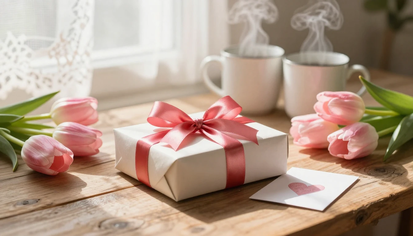 A heartwarming close-up scene of a beautifully wrapped box o...