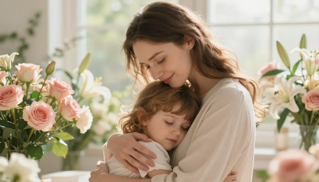 A tender and heartwarming scene of a loving mother gently em...