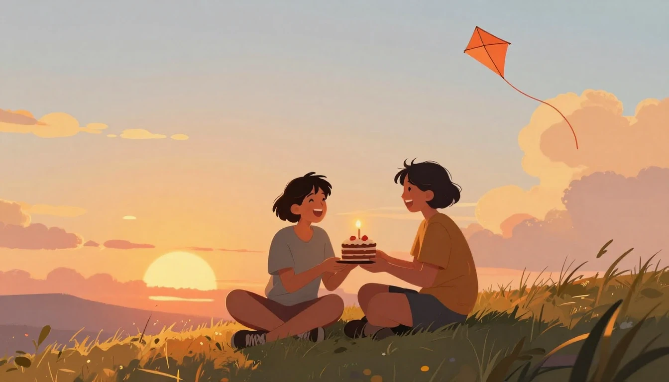 A warm and nostalgic illustration of two friends sitting on ...