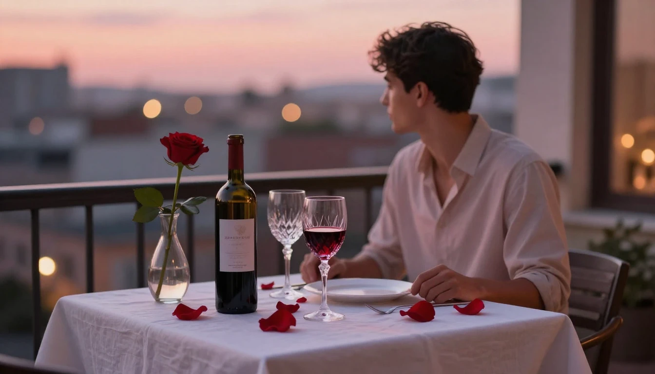 A romantic dinner setting for two on a small balcony at twil...