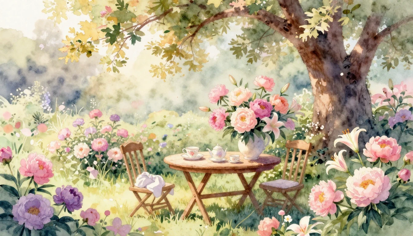 A beautiful watercolor painting of a sun-drenched garden in ...
