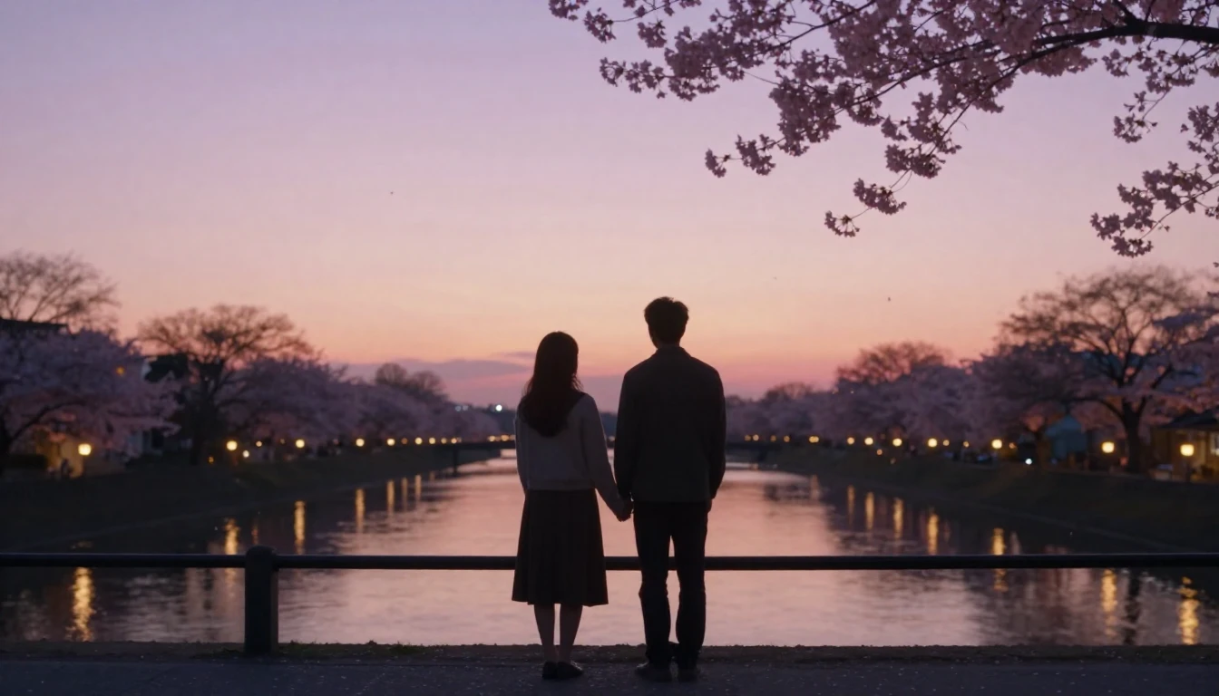 A dreamlike and romantic scene featuring two silhouettes sta...